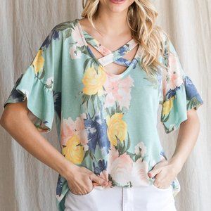 Flutter short sleeve floral top with criss cross neck detail